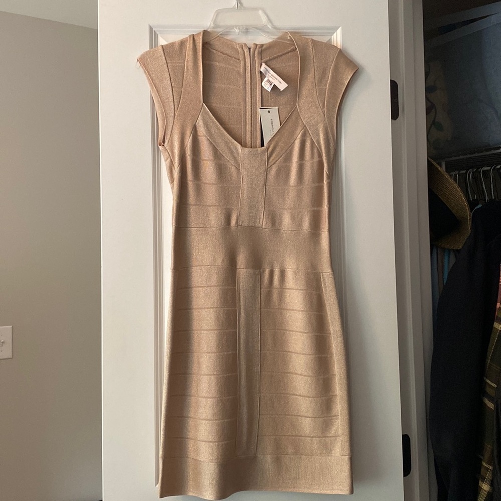 French connection gold shimmer bandage dress
